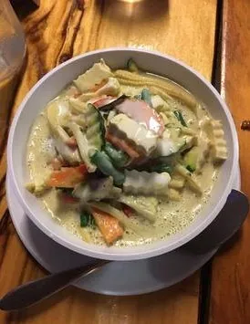 Green curry with baby corn and vegetables at Oz Thai