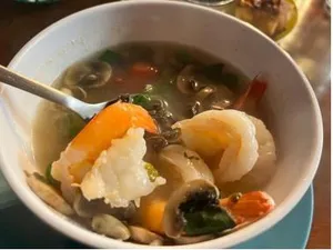 Tom yum soup with prawns and mushrooms at Oz Thai